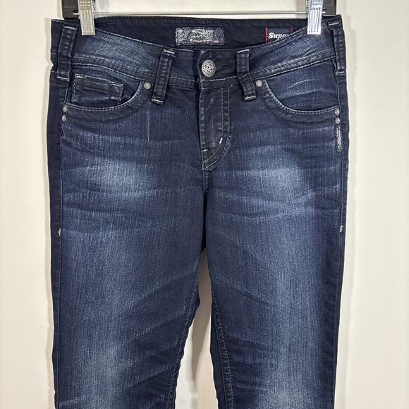 Silver Suki Mid Slim Boot Jeans Stretch 28 L33 Embellished Pockets Western Denim - Picture 3 of 13